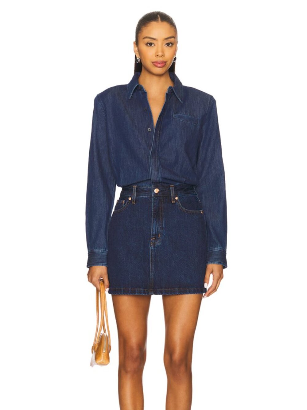 PISTOLA Pixie Mix Media Mini Dress in Gemini Dark Blue Denim Long Sleeve